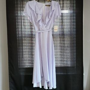 NWT Melonie pinstripe ruffle dress, v-neck, midi length, Belted